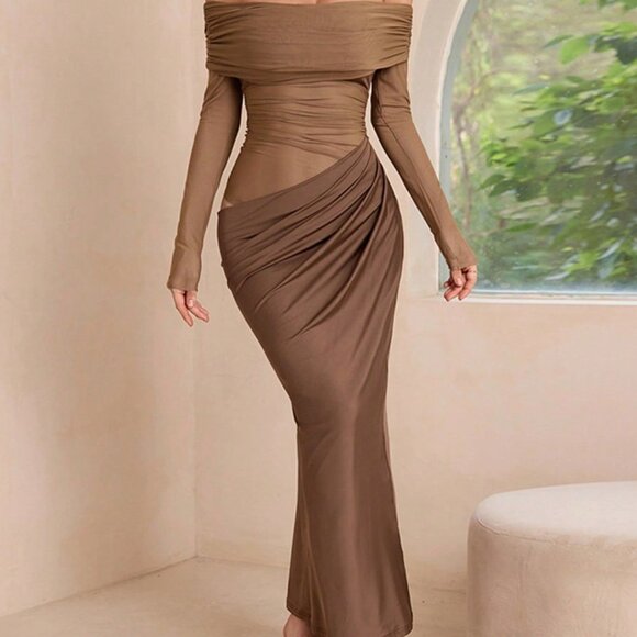 Brown Elegant Women's Off-Shoulder Long Net Sheer Hollow Out Bodycon Dress - Picture 5 of 6